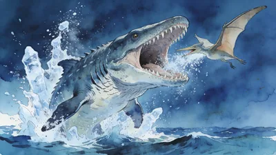Visual depiction of A Mosasaurus bursting through the Cretaceous sea surface to take a pterosaur