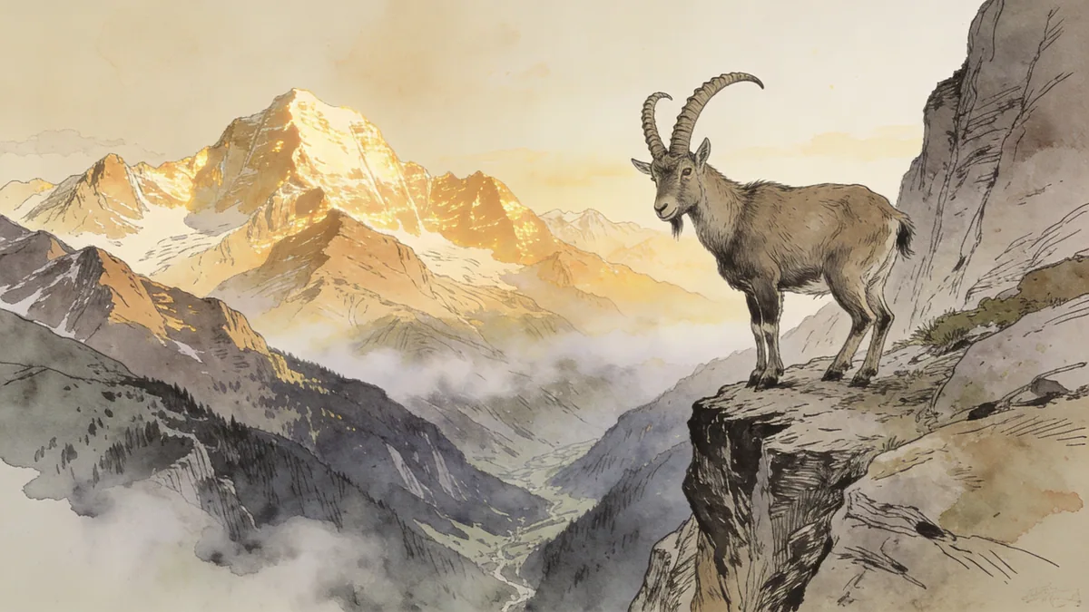 Visual depiction of A mountain goat standing on a sheer rock face above a deep alpine valley