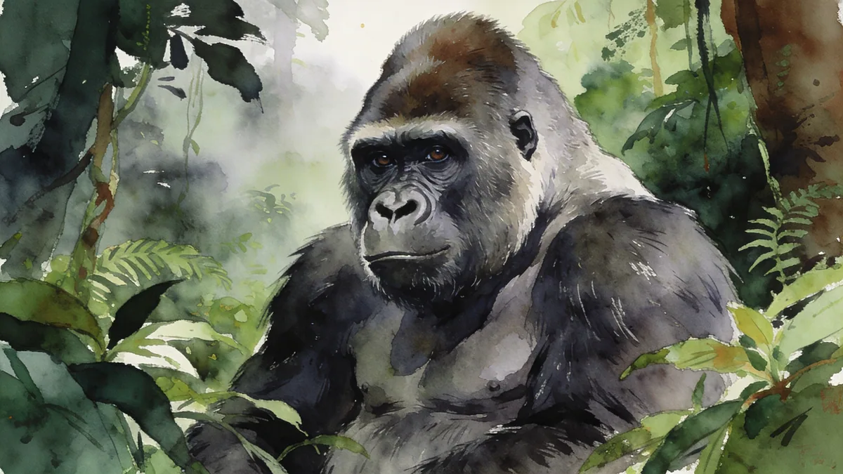 Visual depiction of A mountain gorilla silverback sitting in dense Virunga jungle vegetation