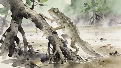 Visual depiction of A mudskipper climbing a mangrove root using fin-arms at low tide