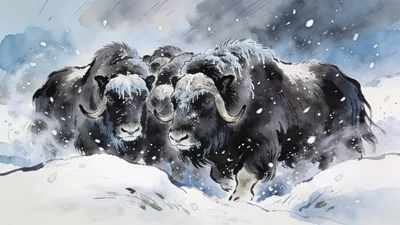 Visual depiction of A muskox herd huddled together in a blizzard