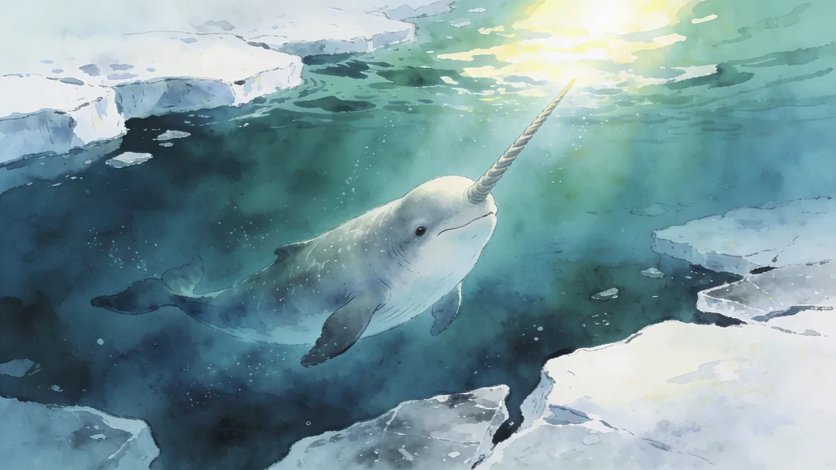 Visual depiction of A narwhal swimming just below broken sea ice