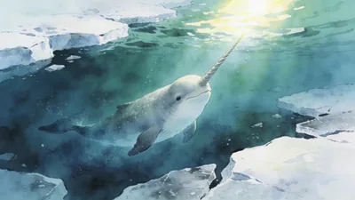 Visual depiction of A narwhal swimming just below broken sea ice