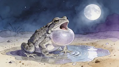 Visual depiction of A natterjack toad calling from a shallow sandy pool at night