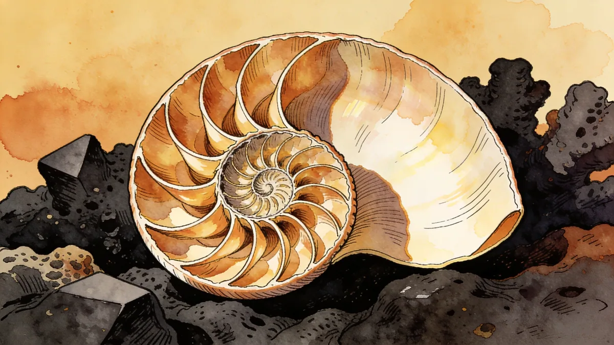 Visual depiction of A nautilus shell cut in half to reveal the perfect logarithmic spiral of chambers