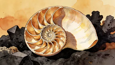 Visual depiction of A nautilus shell cut in half to reveal the perfect logarithmic spiral of chambers