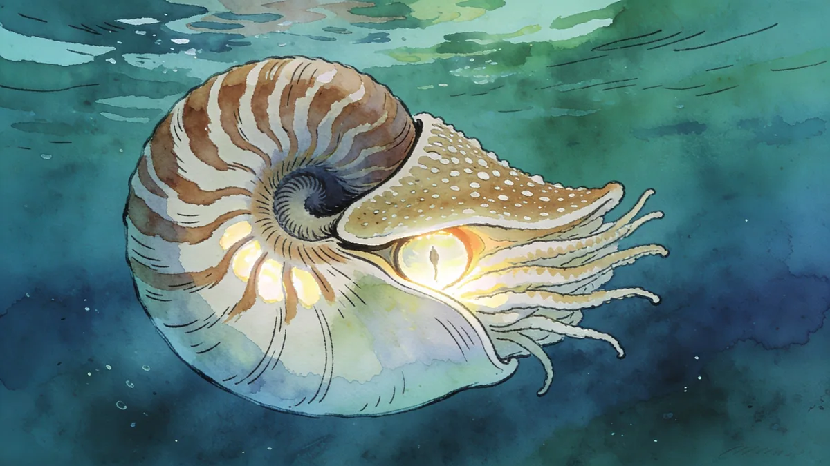 Visual depiction of A nautilus swimming in open midwater