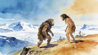 Visual depiction of A Neanderthal and early Homo sapiens meeting for the first time on a European ridge