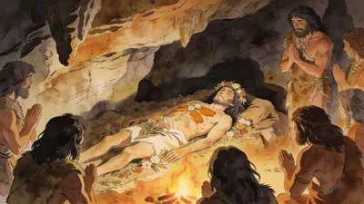 Visual depiction of A Neanderthal burial ceremony