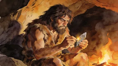 Visual depiction of A Neanderthal craftsman pressure-flaking a Levallois point by firelight in a cave