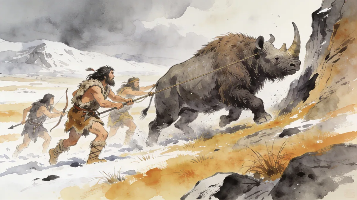 Visual depiction of A Neanderthal hunting group driving a woolly rhinoceros toward a cliff on an ice age plain