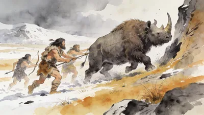 Visual depiction of A Neanderthal hunting group driving a woolly rhinoceros toward a cliff on an ice age plain