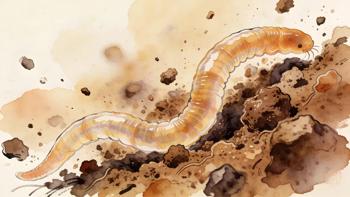 Visual depiction of A nematode worm moving through soil particles under microscope