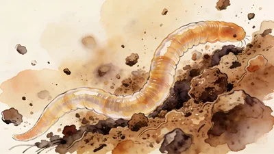 Visual depiction of A nematode worm moving through soil particles under microscope