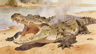Visual depiction of A Nile crocodile basking on a sandy river bank