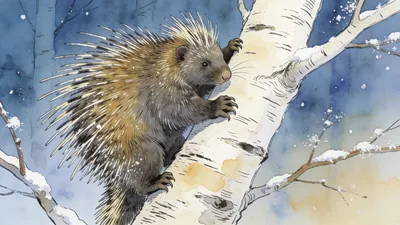 Visual depiction of A North American porcupine climbing a white birch tree in winter