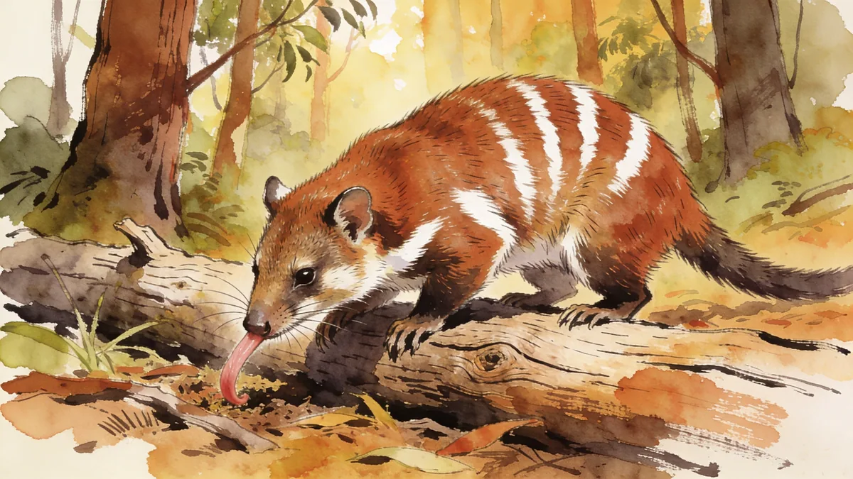 Visual depiction of A numbat foraging in Western Australian jarrah forest