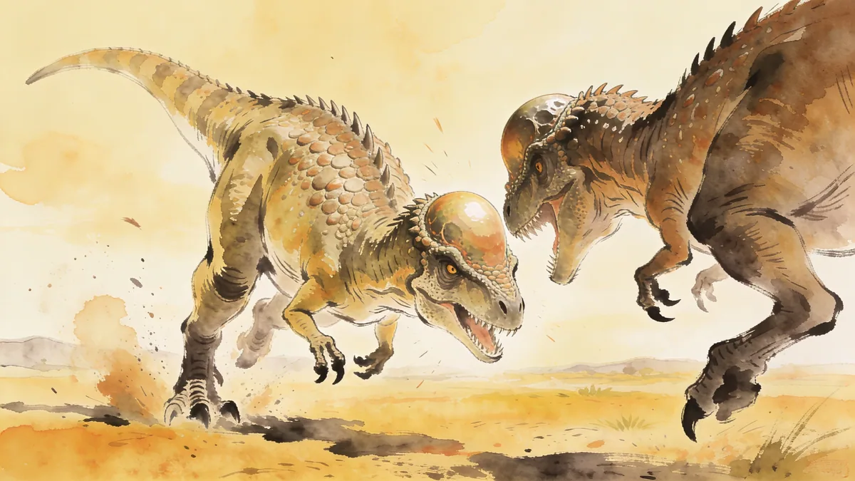 Visual depiction of A Pachycephalosaurus charging head-first at a rival on an open plain