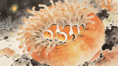 Visual depiction of A pair of clownfish sheltering in a giant sea anemone