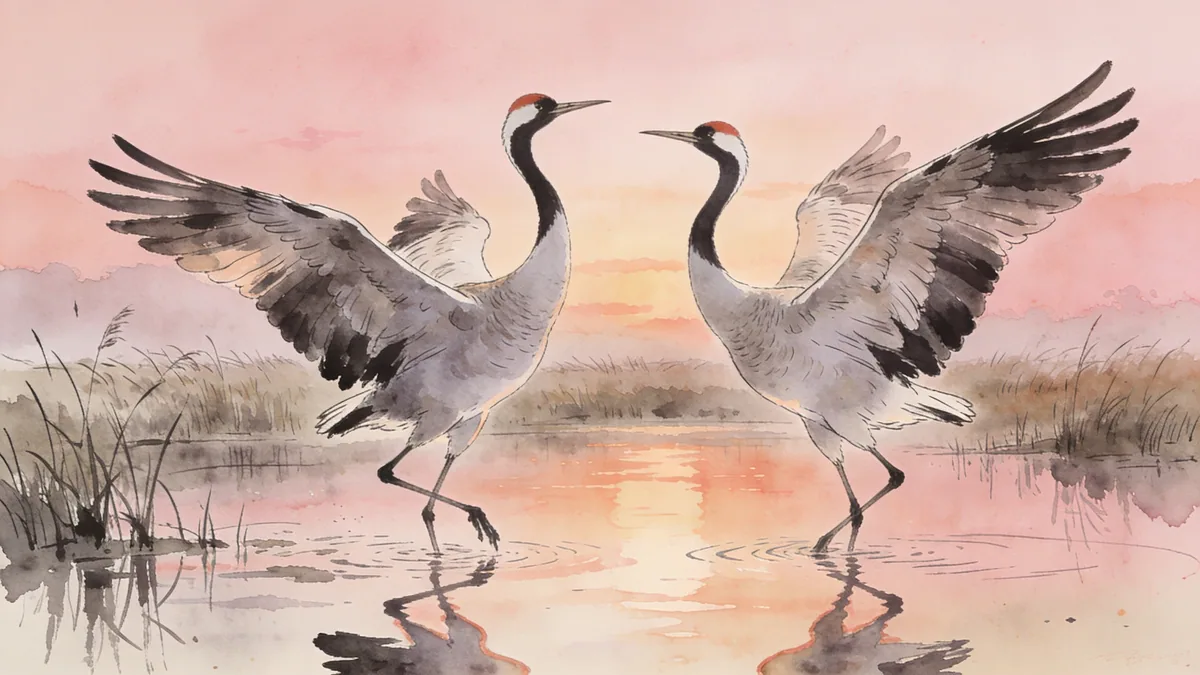 Visual depiction of A pair of common cranes dancing in shallow marsh at dawn