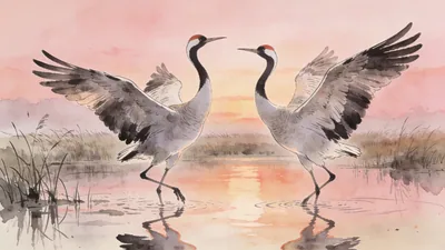 Visual depiction of A pair of common cranes dancing in shallow marsh at dawn