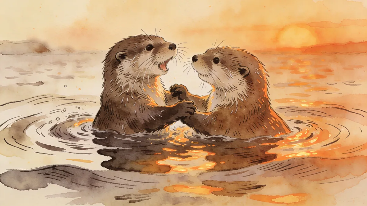 Visual depiction of A pair of otters playing in a sea loch at sunset