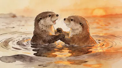 Visual depiction of A pair of otters playing in a sea loch at sunset