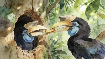 Visual depiction of A pair of rhinoceros hornbills at their tree nest hole in tropical forest