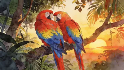 Visual depiction of A pair of scarlet macaws roosting together in the jungle canopy at sunset