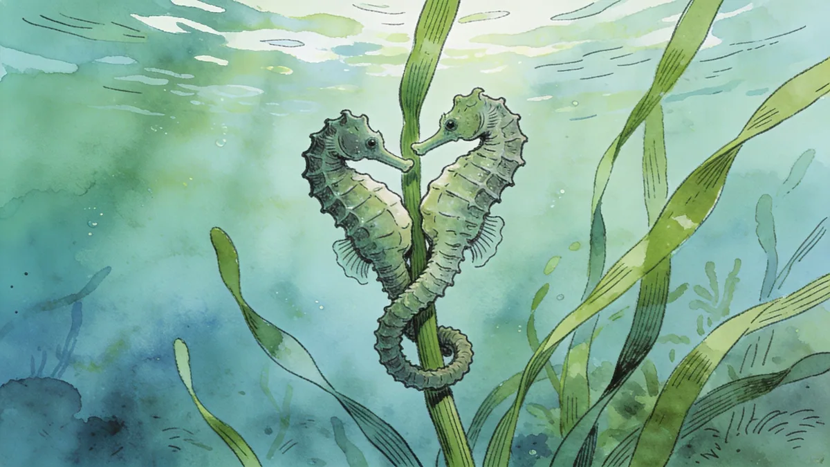 Visual depiction of A pair of seahorses entwined around a sea grass stem