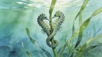 Visual depiction of A pair of seahorses entwined around a sea grass stem