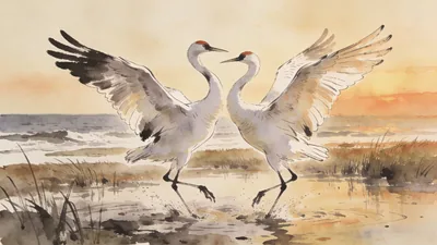 Visual depiction of A pair of whooping cranes performing their elaborate mating dance in shallow coastal marsh