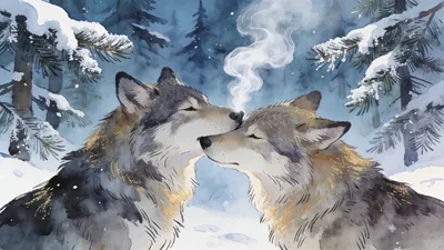 Visual depiction of A pair of wolves nuzzling affectionately in a snowy pine forest