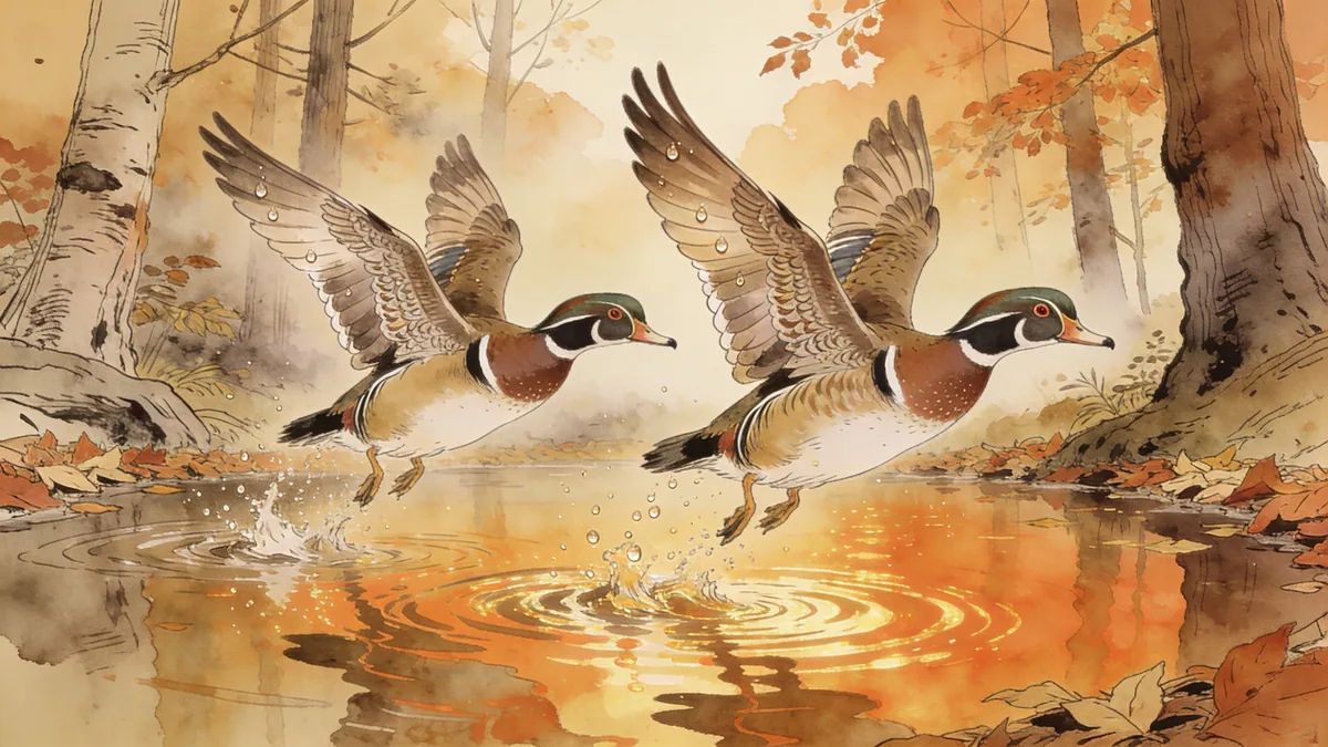 Visual depiction of A pair of wood ducks landing on a still forest pool in autumn