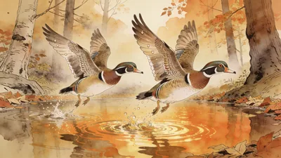 Visual depiction of A pair of wood ducks landing on a still forest pool in autumn