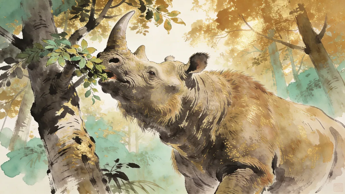 Visual depiction of A Paraceratherium — the largest land mammal ever — browsing treetops in an Oligocene forest