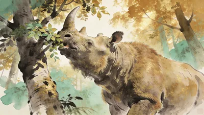 Visual depiction of A Paraceratherium — the largest land mammal ever — browsing treetops in an Oligocene forest