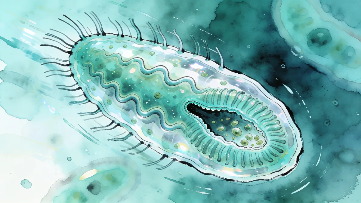 Visual depiction of A paramecium rotating as it swims