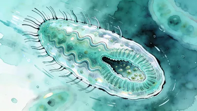 Visual depiction of A paramecium rotating as it swims