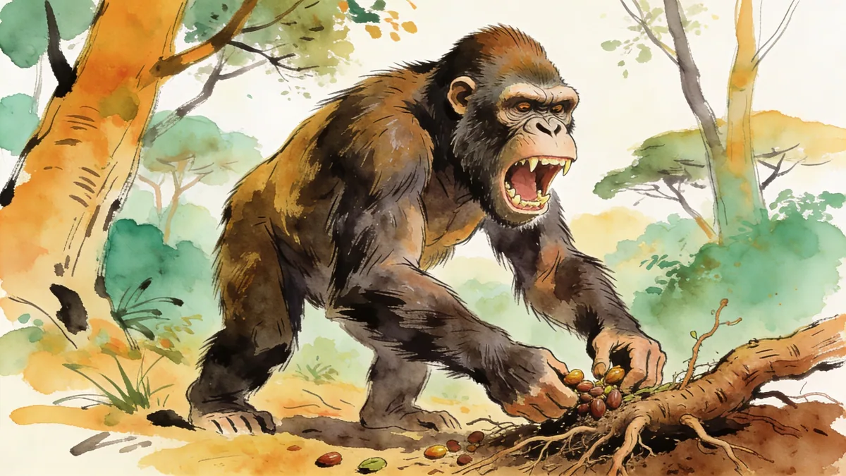 Visual depiction of A Paranthropus boisei foraging for seeds and roots in an East African woodland