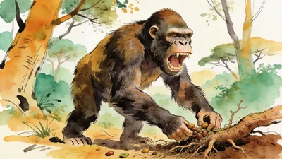 Visual depiction of A Paranthropus boisei foraging for seeds and roots in an East African woodland