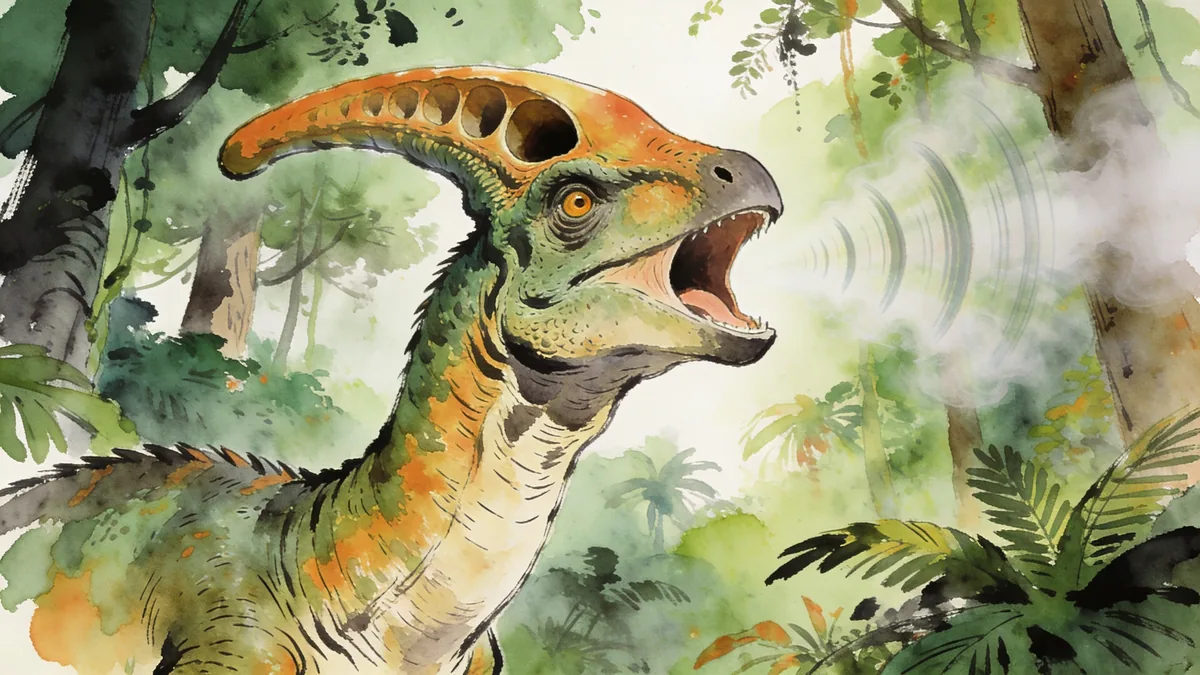 Visual depiction of A Parasaurolophus calling through its hollow crest in a Cretaceous forest