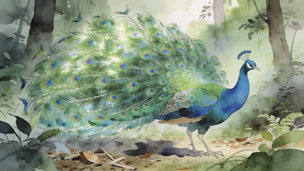 Visual depiction of A peacock displaying its full iridescent tail fan in a forest clearing