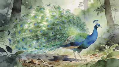 Visual depiction of A peacock displaying its full iridescent tail fan in a forest clearing