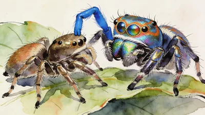 Visual depiction of A peacock jumping spider displaying iridescent face to a female on a leaf