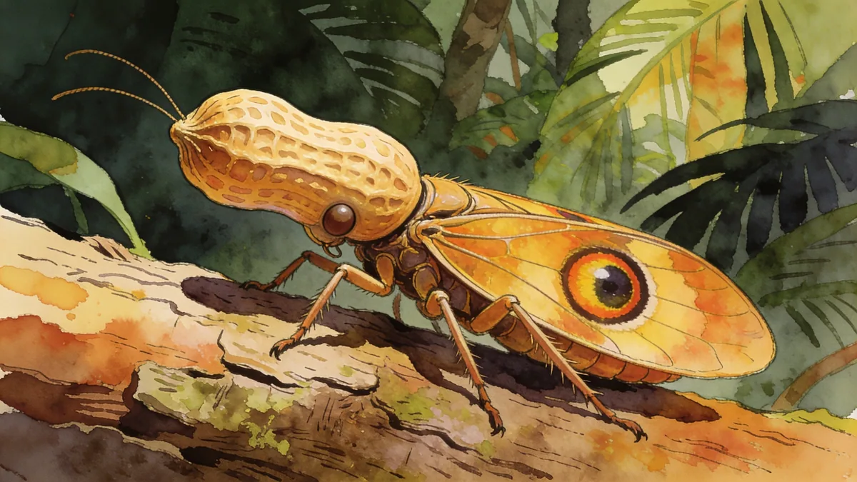 Visual depiction of A peanut-head bug resting on tropical bark