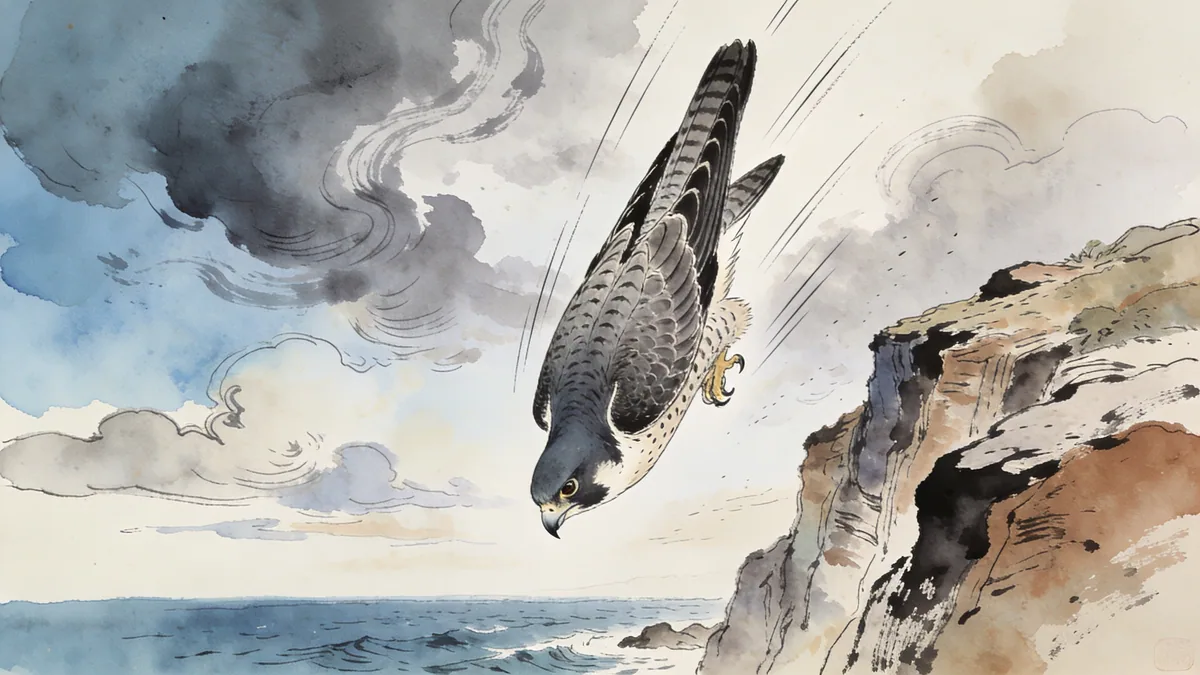 Visual depiction of A peregrine falcon in a vertical stoop dive above a coastal cliff