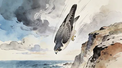 Visual depiction of A peregrine falcon in a vertical stoop dive above a coastal cliff