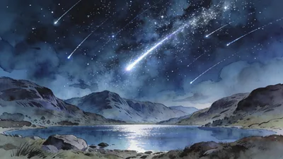 Visual depiction of A Perseid meteor shower streaking above a Scottish highland loch