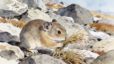 Visual depiction of A pika gathering dried grasses at a rocky alpine talus field before winter